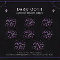 Dark goth-themed animated stream alert pack featuring purple starburst designs and inverted cross symbols.