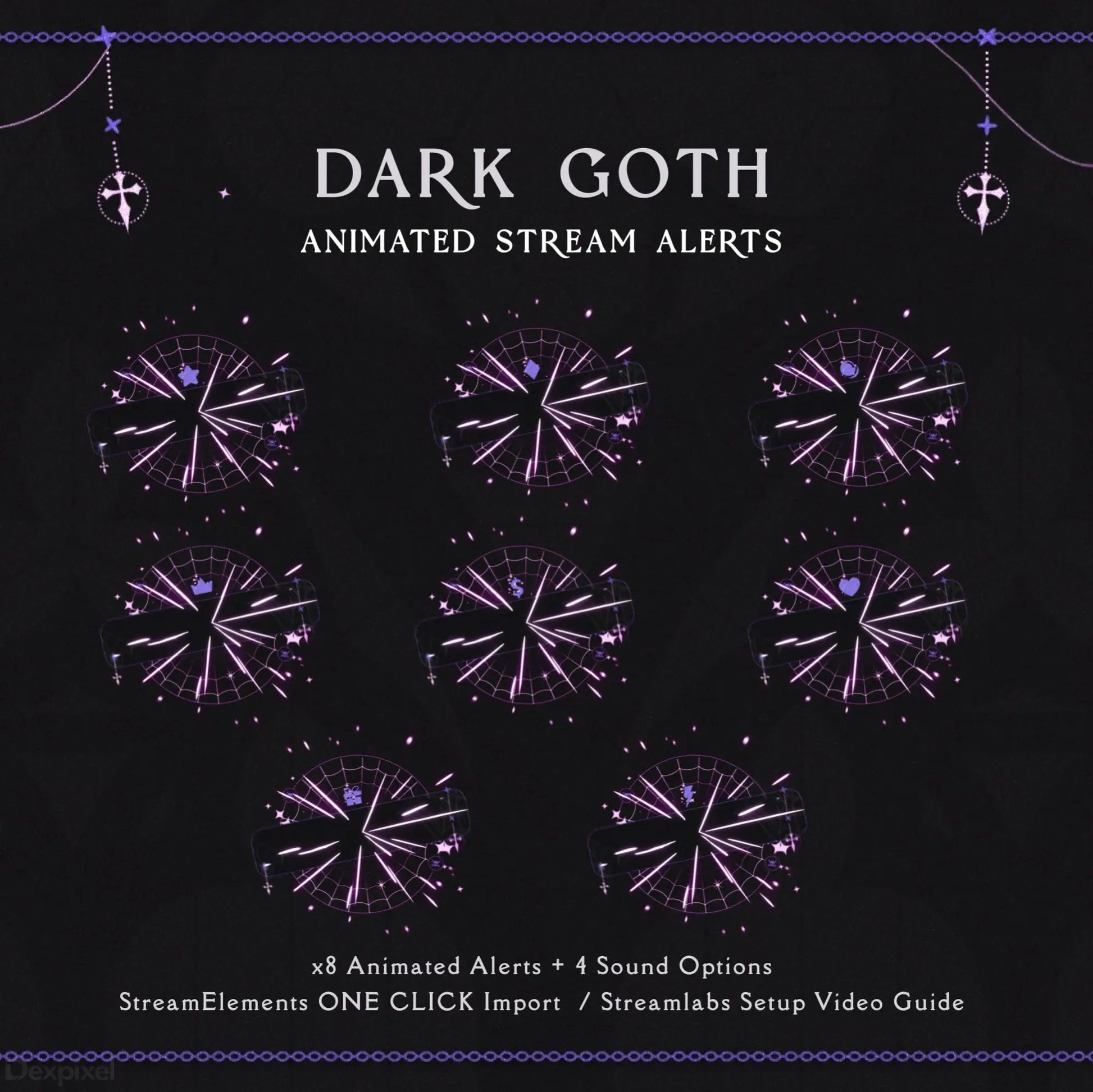 Dark goth-themed animated stream alert pack featuring purple starburst designs and inverted cross symbols.