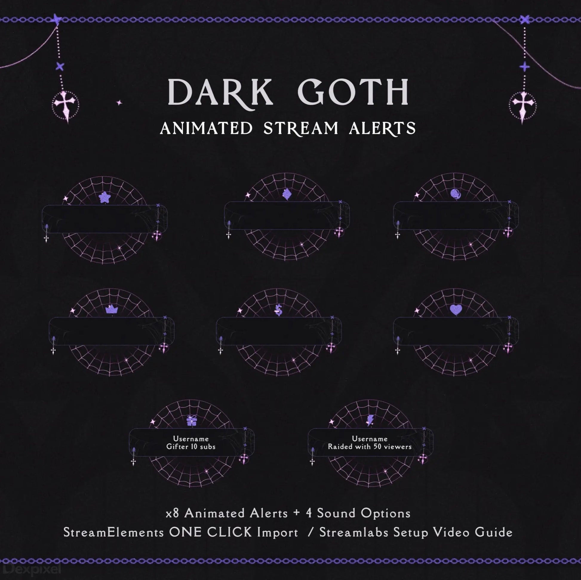 Dark goth-themed animated stream alert package with mystical circular designs and cross symbols.