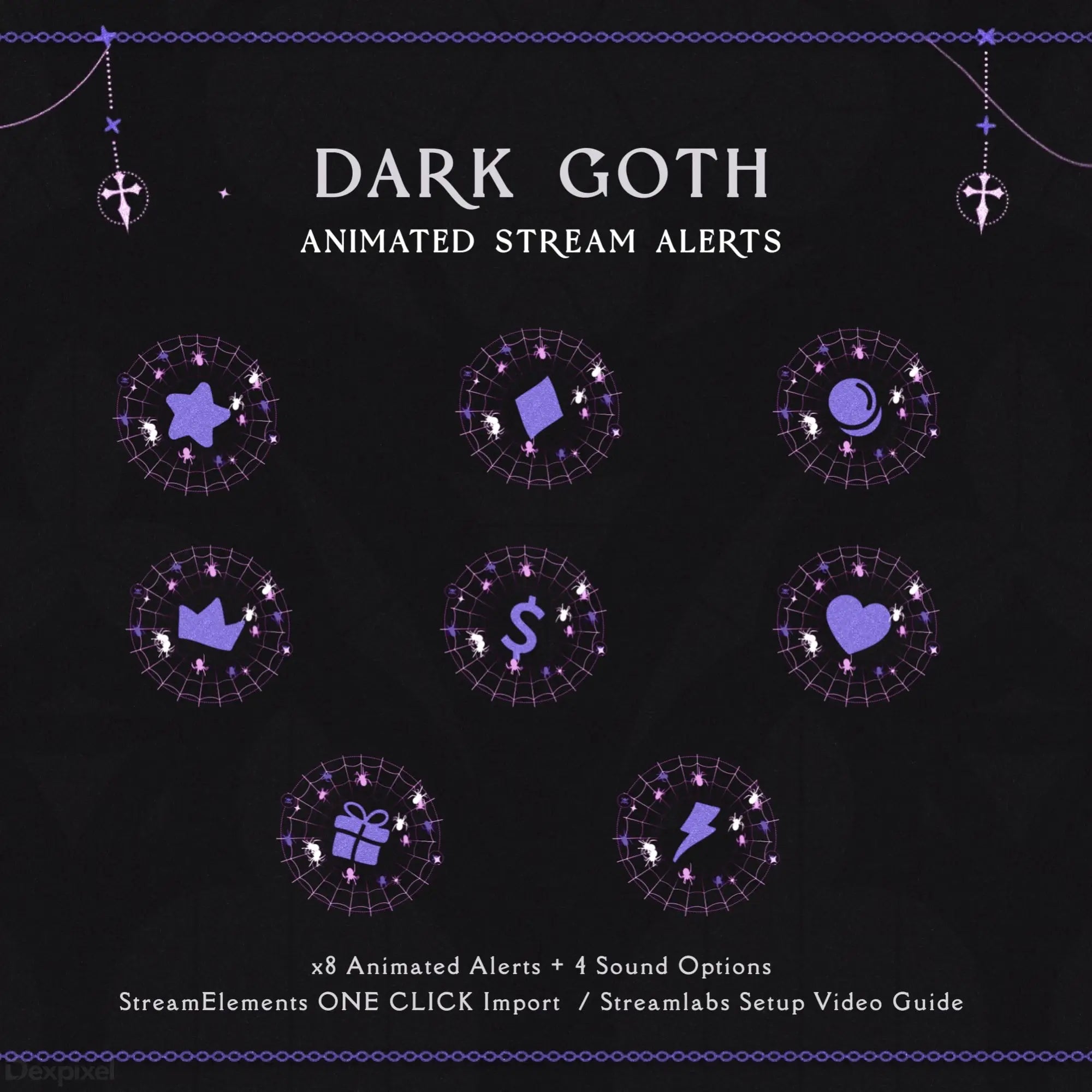 Dark goth-themed animated stream alert icons featuring mystical symbols in purple and black colors.