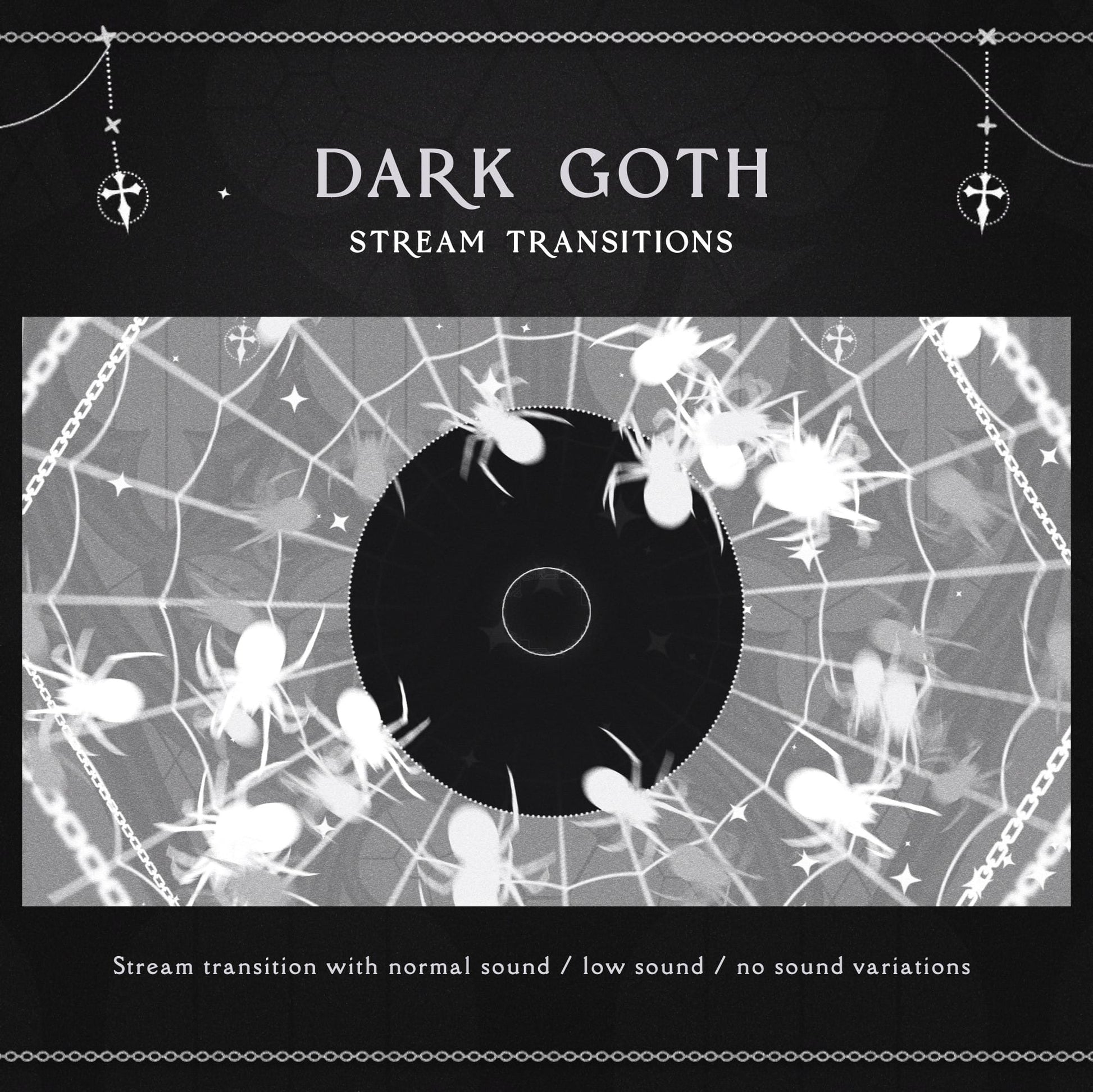 A Dark Goth stream transition featuring spiders and a spiderweb.