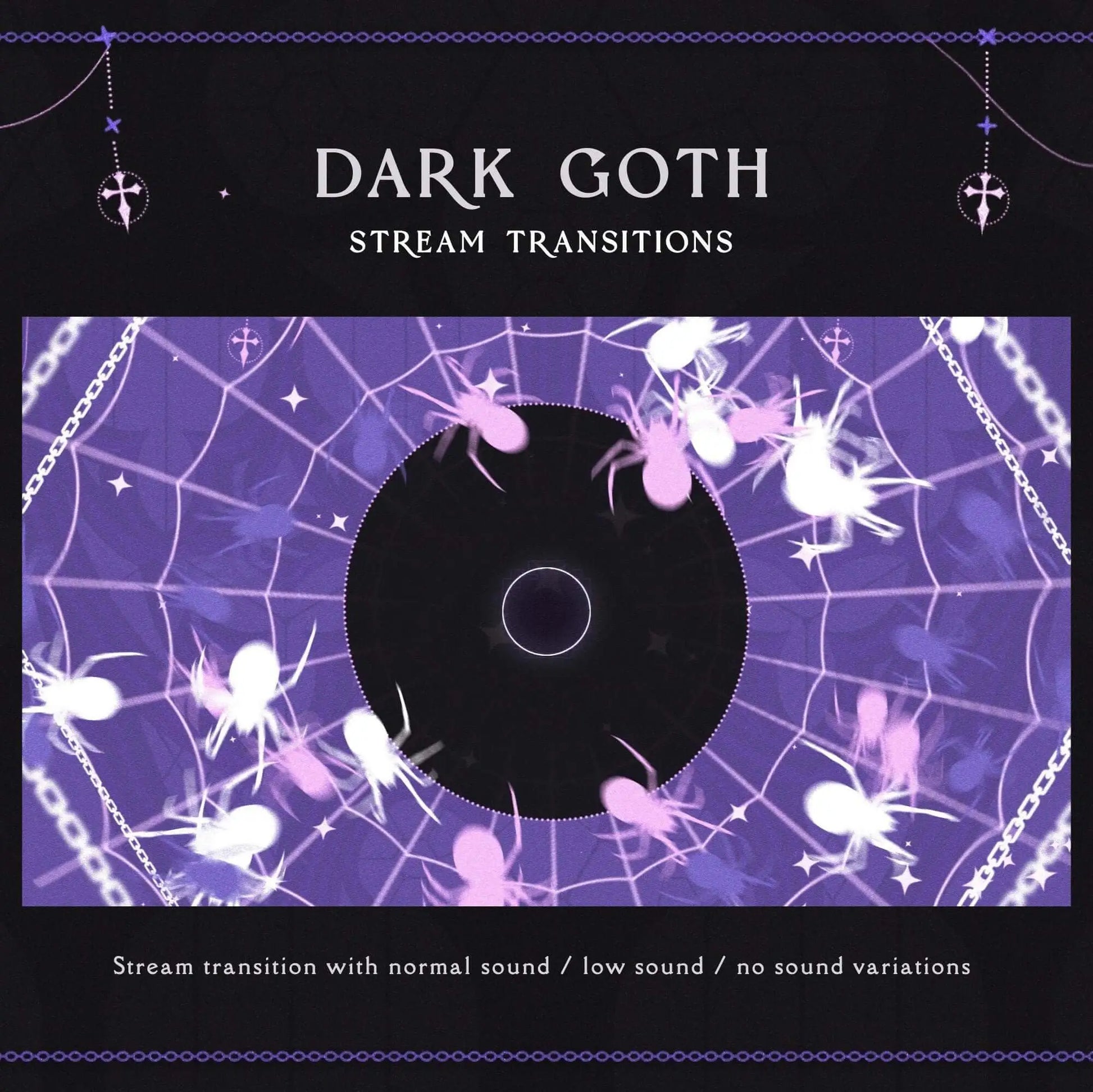 Dark goth stream transitions overlay pack with spiders and spiderwebs in purple and pink.