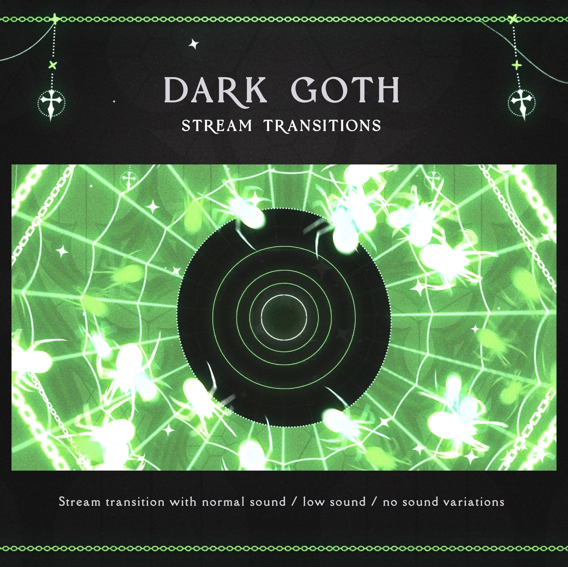 A dark-themed stream transition overlay with glowing green accents and three sound variations.