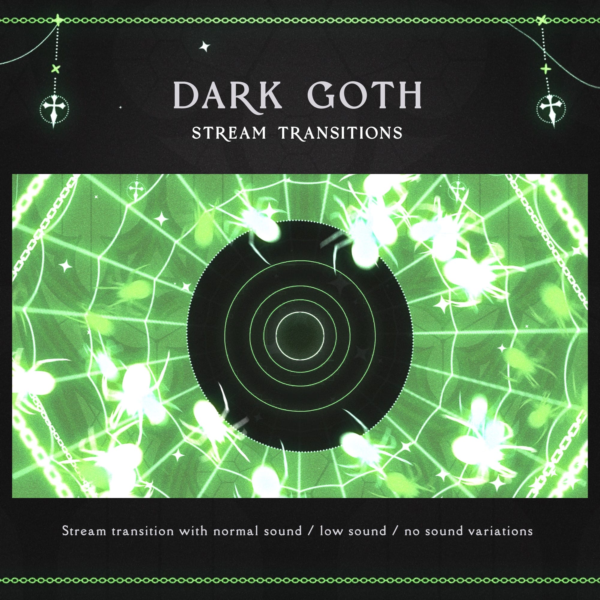 A dark-themed stream transition overlay with glowing green accents and three sound variations.