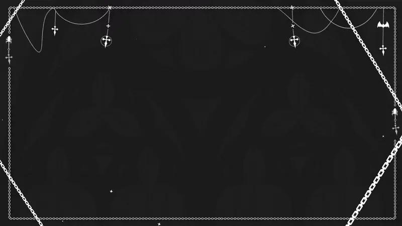 A black background with a decorative border featuring hanging crosses and chain-like patterns.