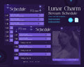 Stream schedule interface with a purple color scheme and lunar theme.