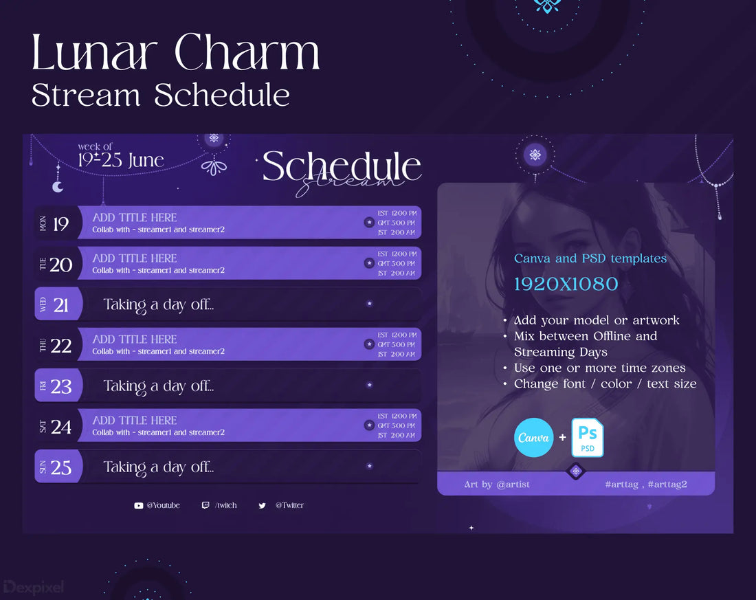 Stream schedule layout with purple and blue cosmic theme showing dates from June 19-25.