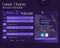 Stream schedule layout with a purple and starry theme titled ’Lunar Charm’