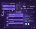 Stream schedule layout with a mystical lunar theme and purple color scheme.