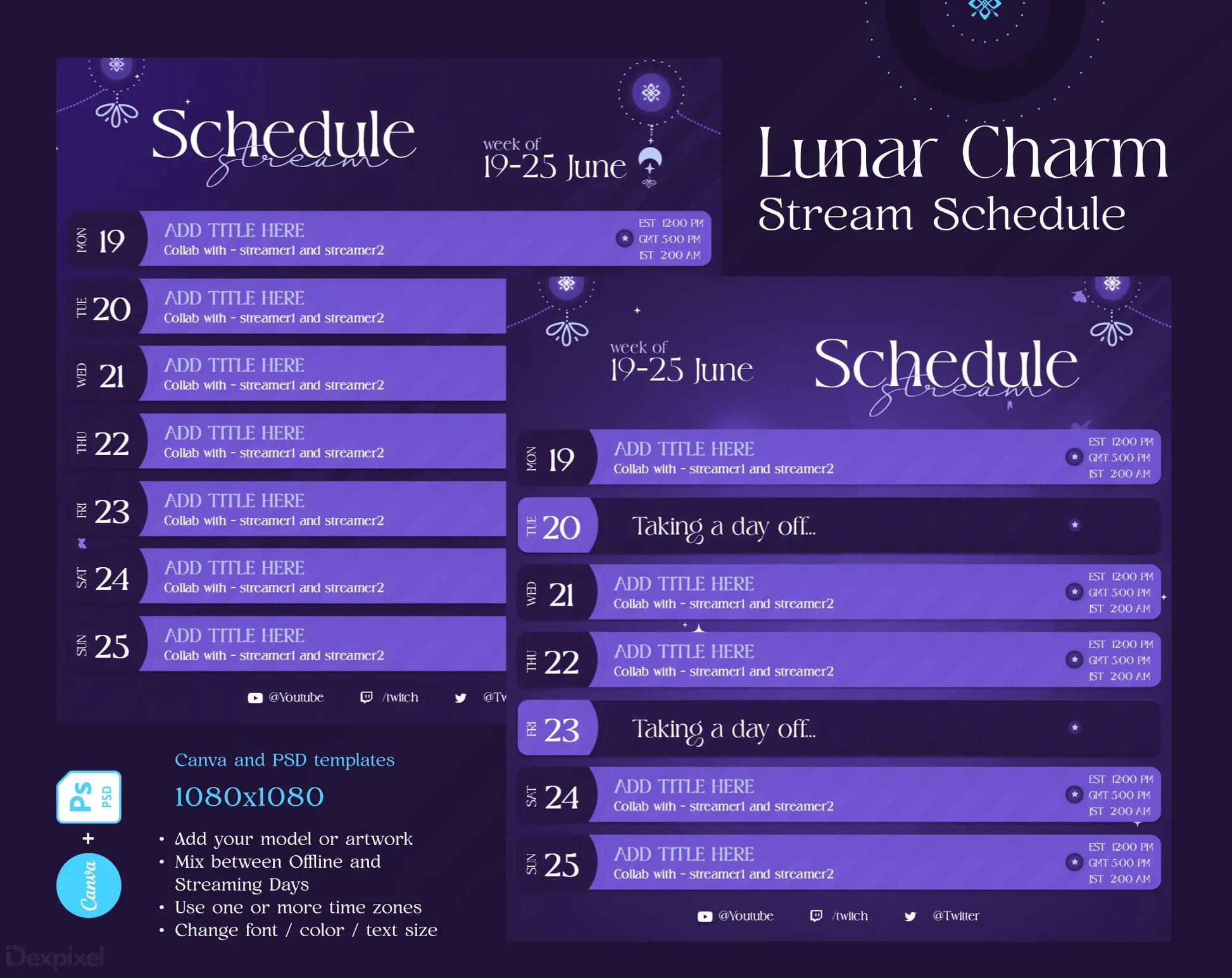 Stream schedule layout with purple gradient design and dates from June 19-25.