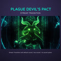 Glowing green demon-like creature with text 'Plague Devil's Pact' on a dark background