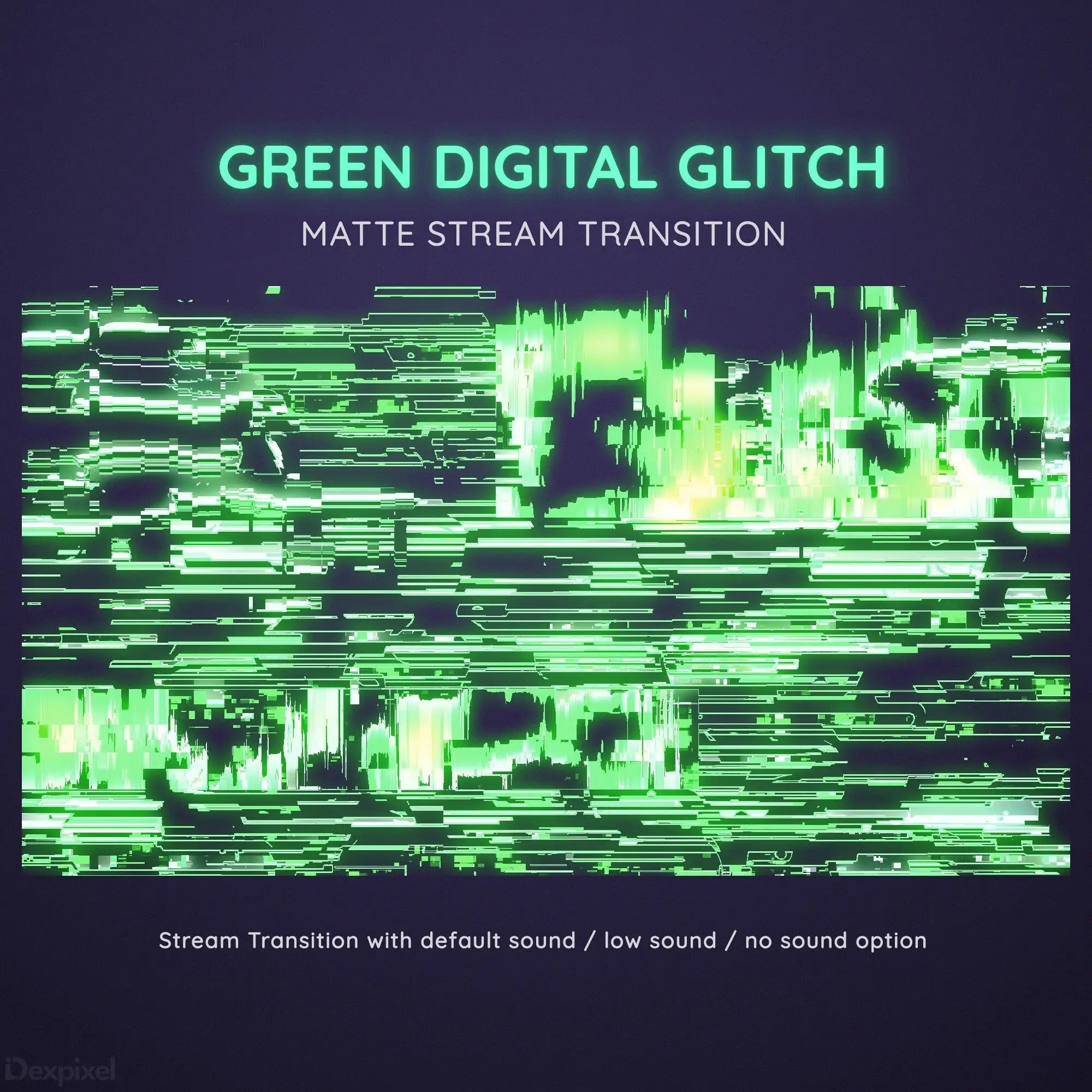 Glowing green digital glitch effect with horizontal distortion lines.