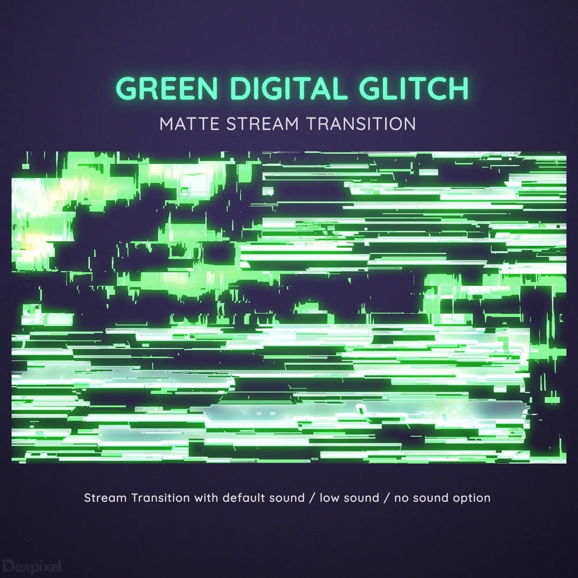 Green digital glitch effect with horizontal distortion lines and pixelated elements.