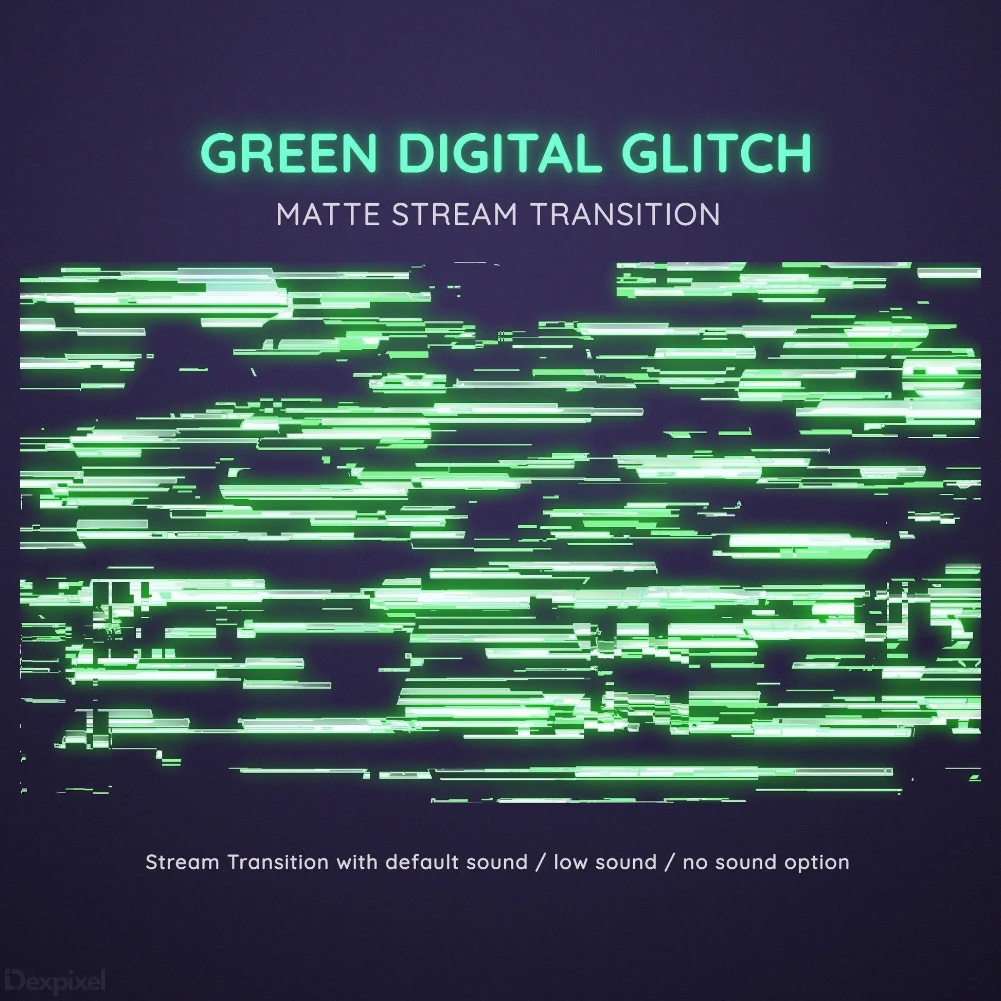 Neon green digital glitch effect with horizontal streaming lines.