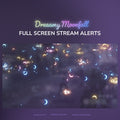 Neon moon-themed stream alert overlay with glowing crescents and stars on a dark background.