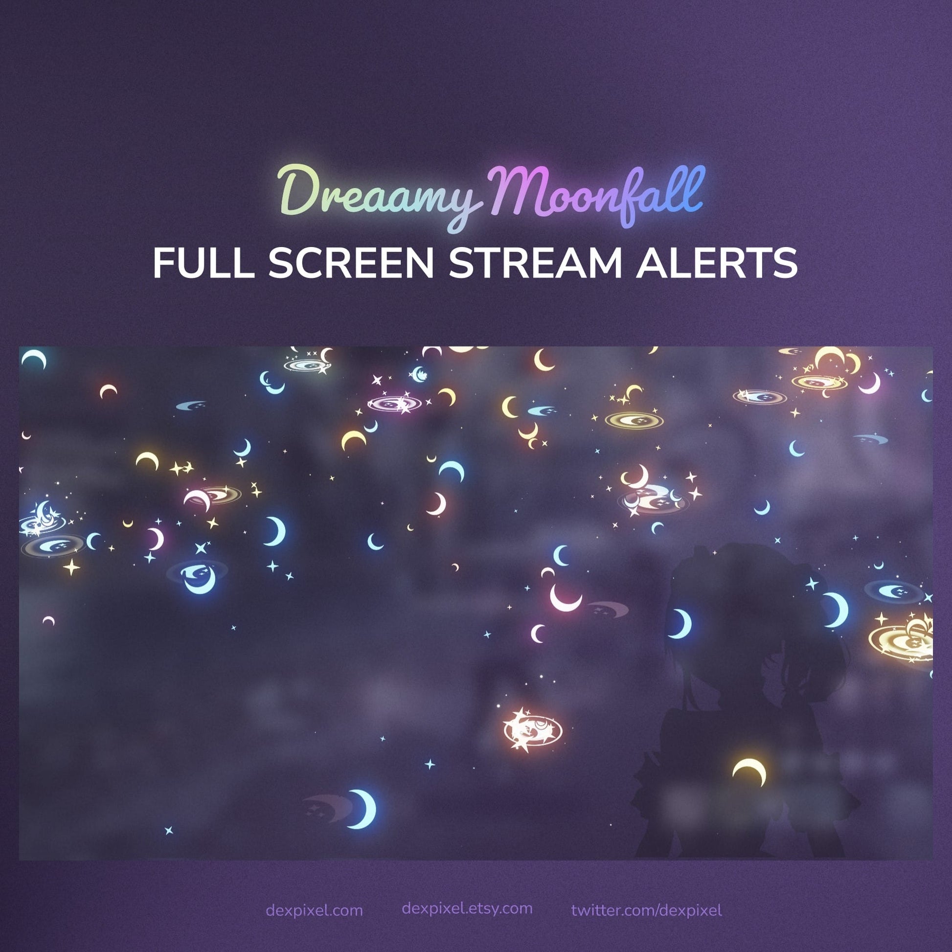 Neon moon-themed stream alert overlay with glowing crescents and stars on a dark background.