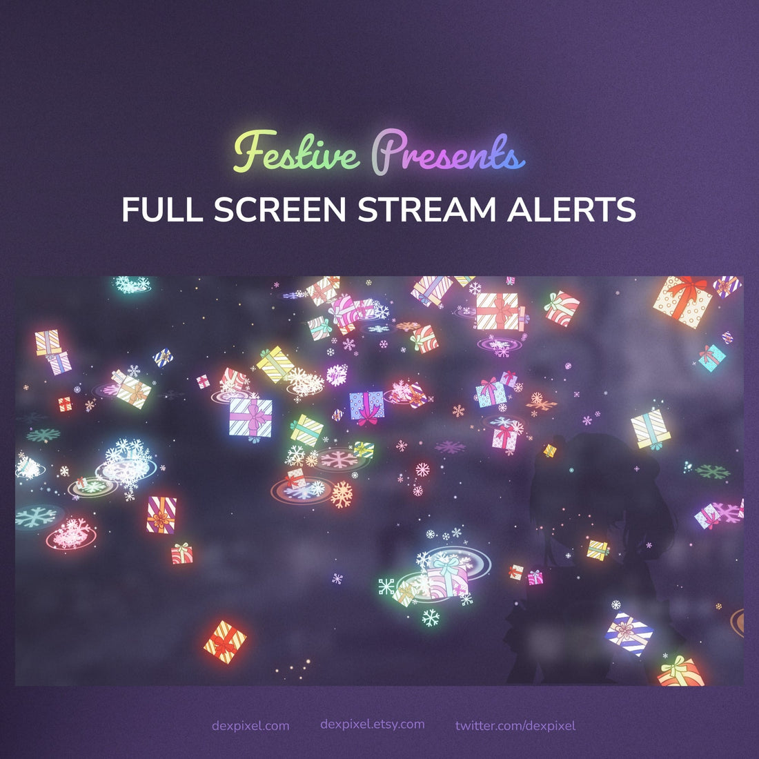 Festive presents with colorful lights on a dark background, featuring text about full screen stream alerts.