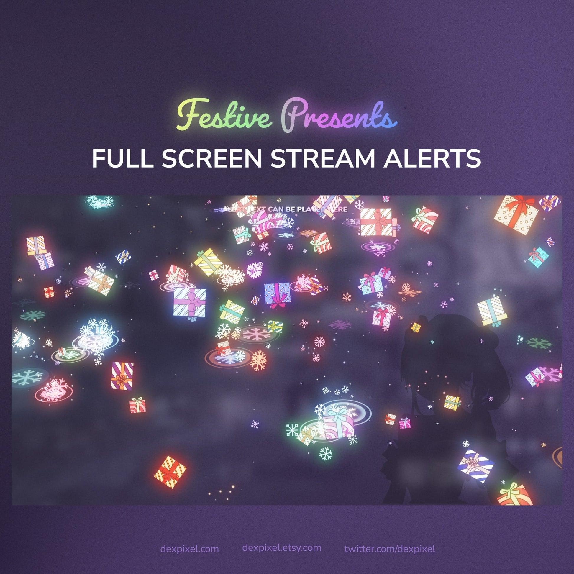 Festive presents with colorful lights on a dark background, featuring text about full screen stream alerts.