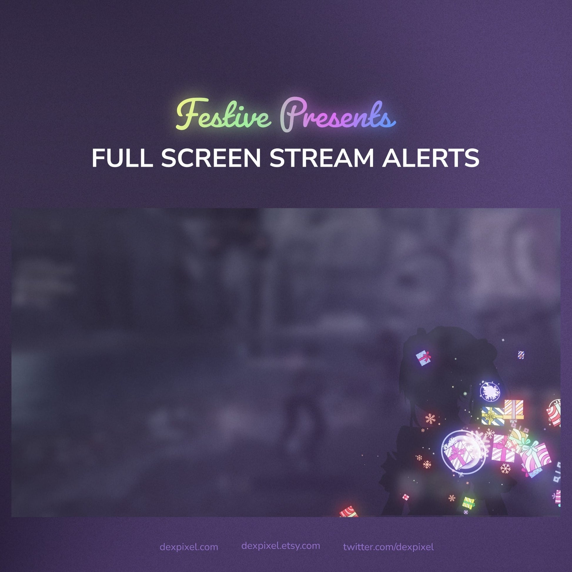 Promotional graphic for 'Festive Presents' full screen stream alerts with a blurred background and colorful text.