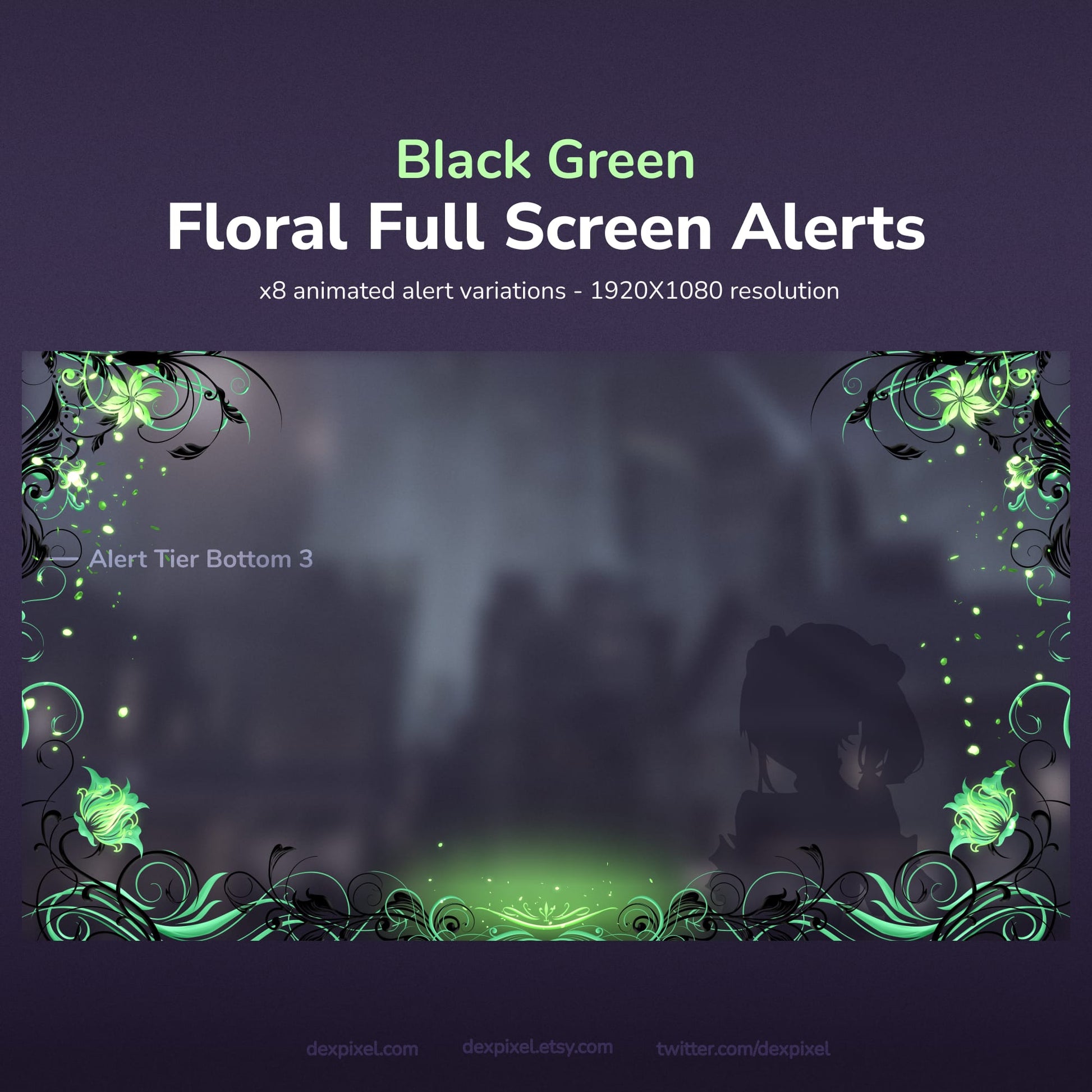 Animated full-screen alerts with black and green floral designs.