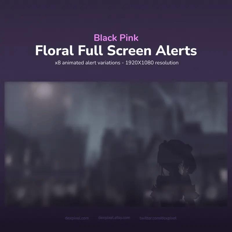 Digital product for ’Black Pink Floral Full Screen Alerts’ with 8 animated alert variations in 1920x1080 resolution.