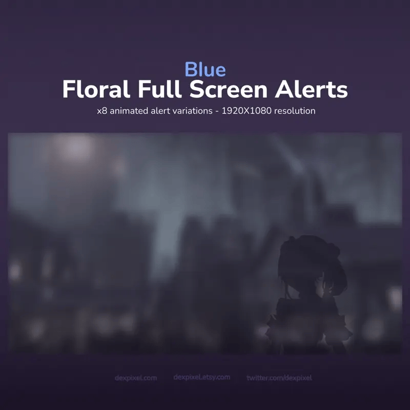 A digital graphic template for full-screen alerts with floral designs in blue.