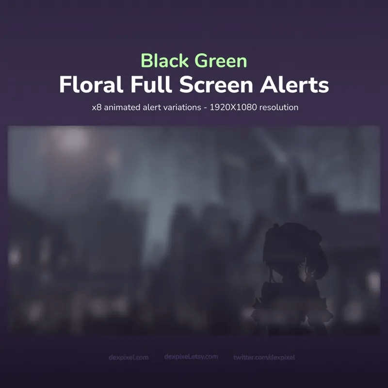 A digital product advertisement for ’Black Green Floral Full Screen Alerts’ with 8 animated variations and 1920x1080 resolution.