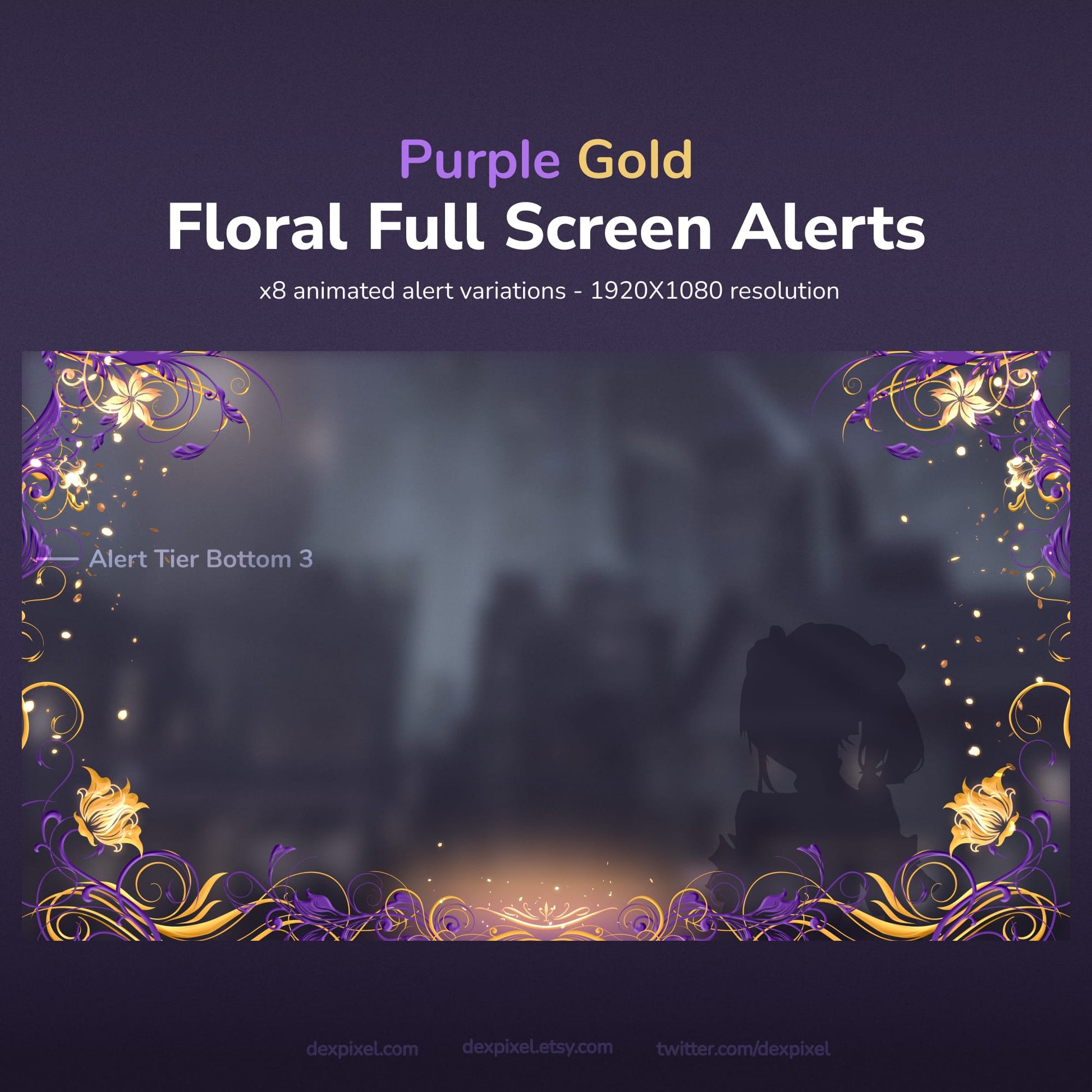 An animated purple and gold floral full-screen alert overlay for streaming, featuring eight variations and a 1920x1080 resolution.