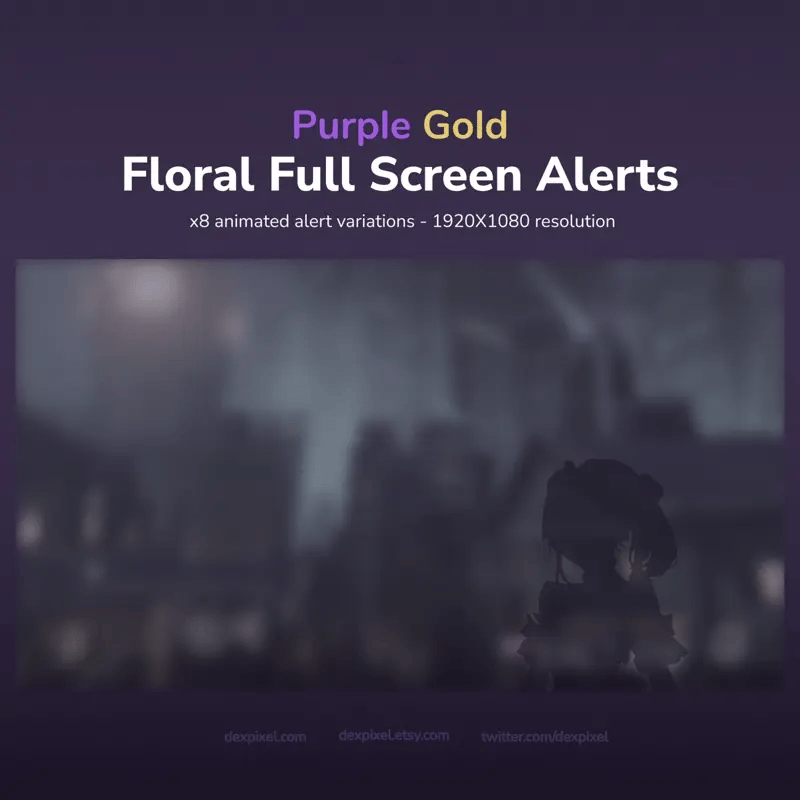 A promotional image for ’Purple Gold Floral Full Screen Alerts’ with 8 animated alert variations in 1920x1080 resolution.