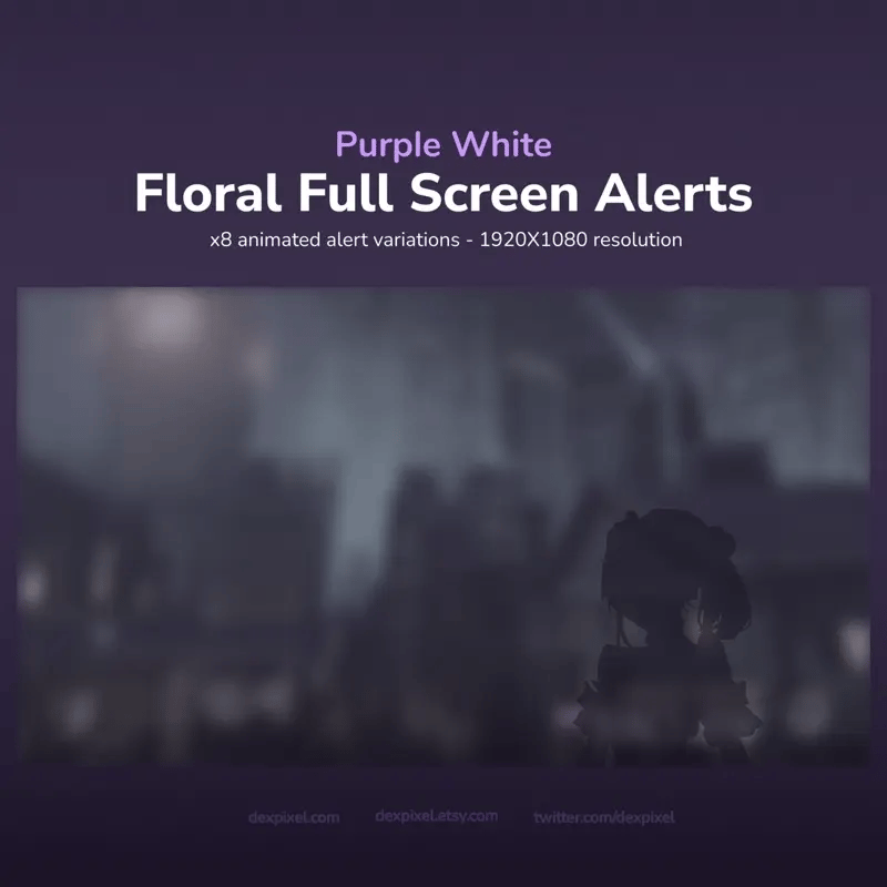 A promotional graphic for ’Purple White Floral Full Screen Alerts’ featuring 8 animated alert variations in 1920x1080 resolution.
