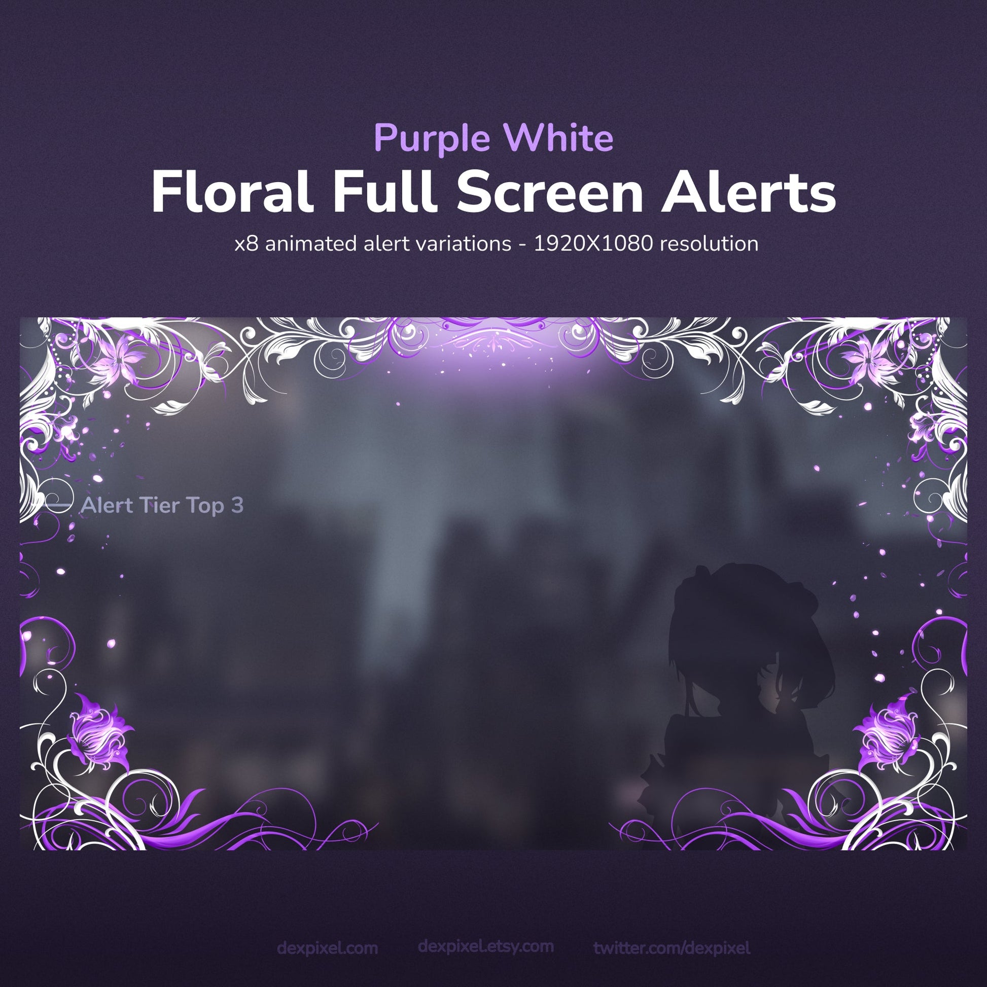 A purple and white floral full-screen alert overlay for streaming.