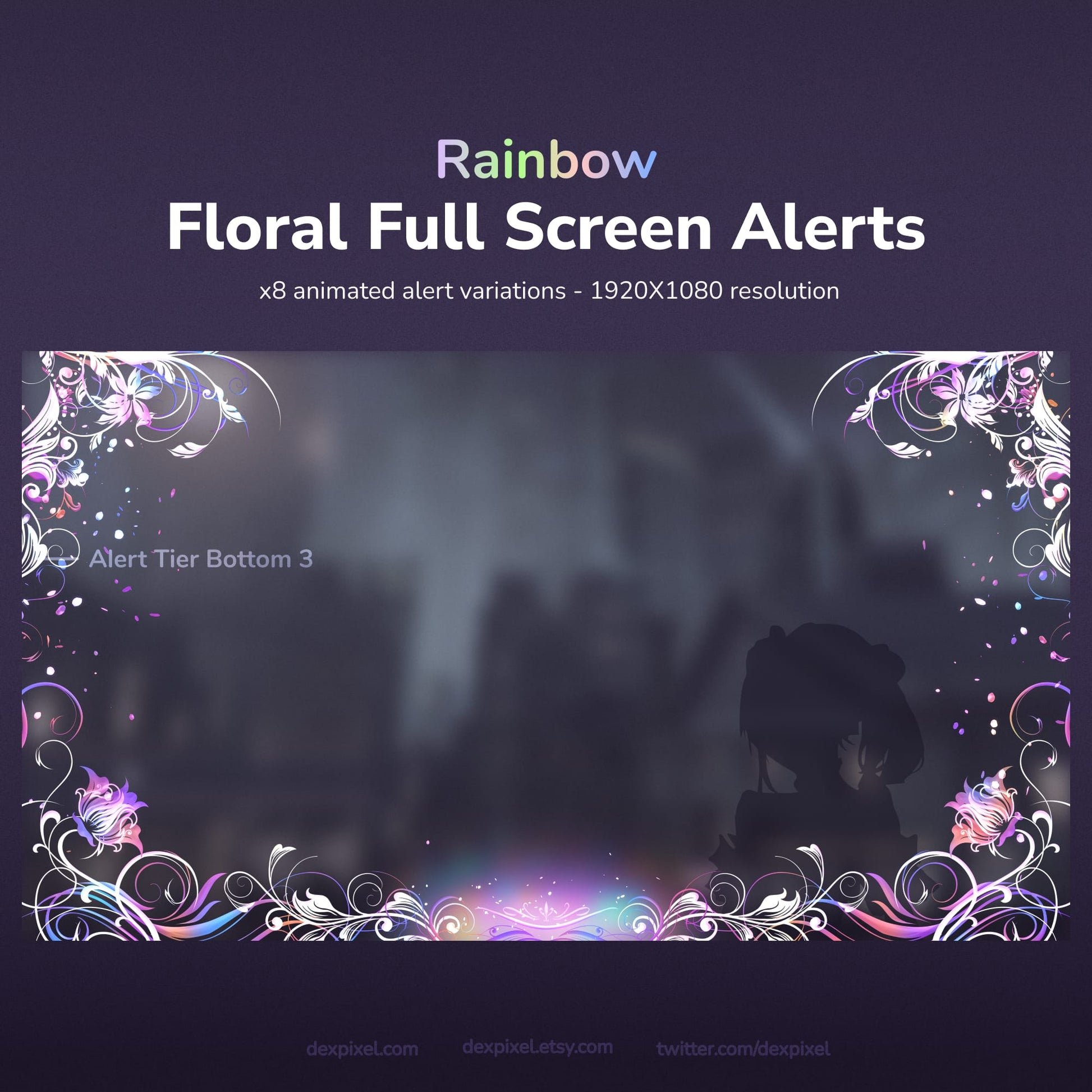 Rainbow floral full-screen animated alerts for streaming.