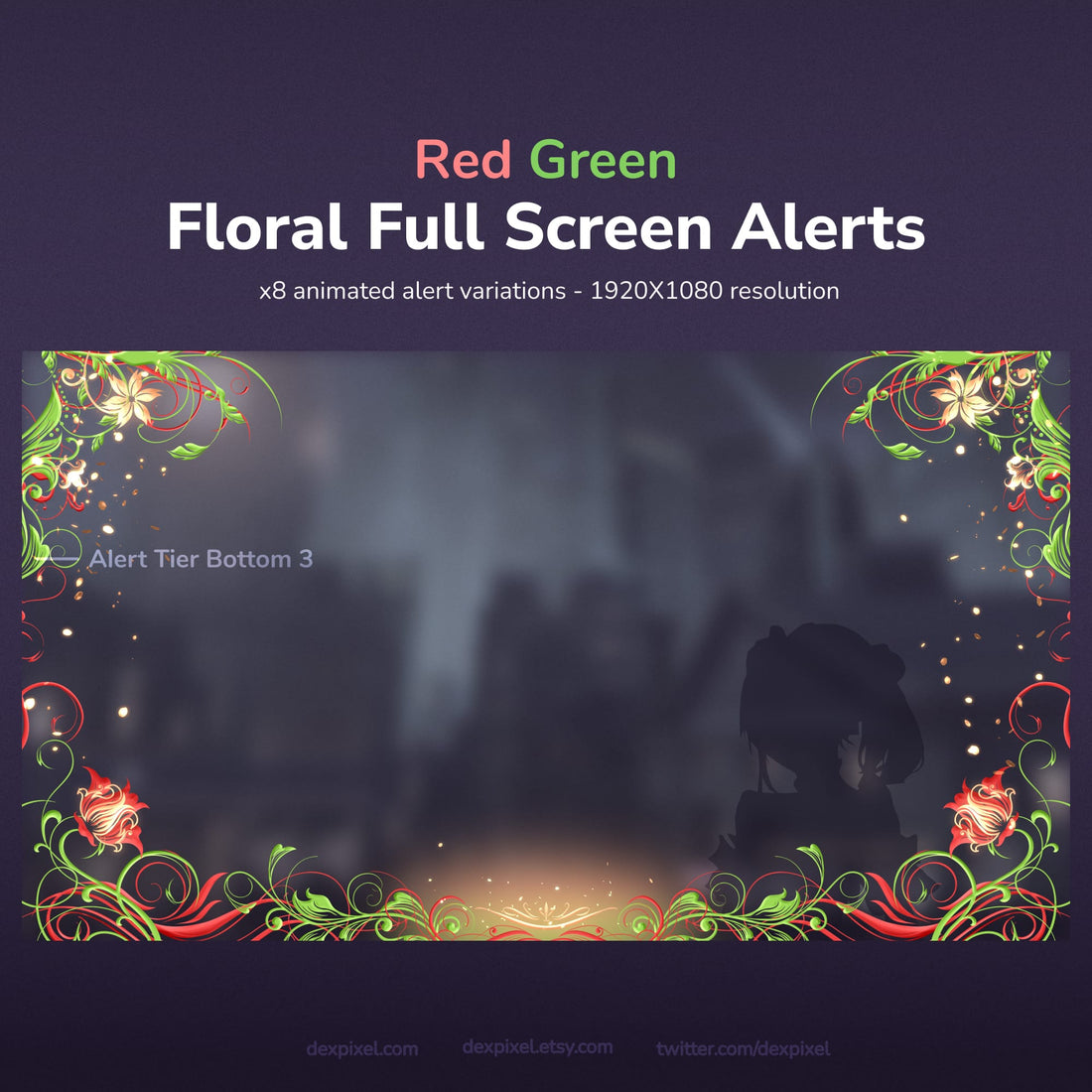 Red and green floral full-screen alerts for streaming.