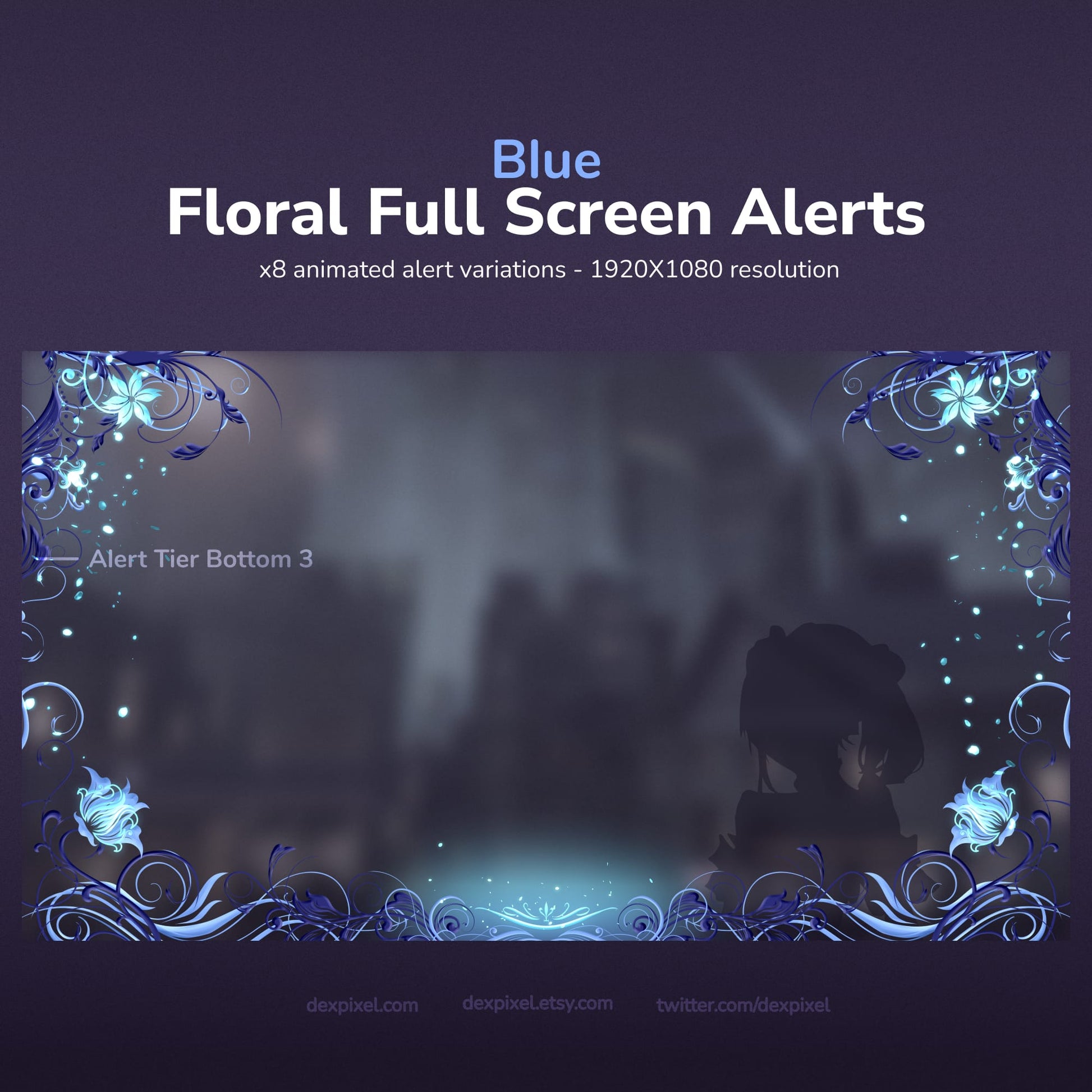 A set of blue floral full-screen animated alerts for streaming, in 1920x1080 resolution.