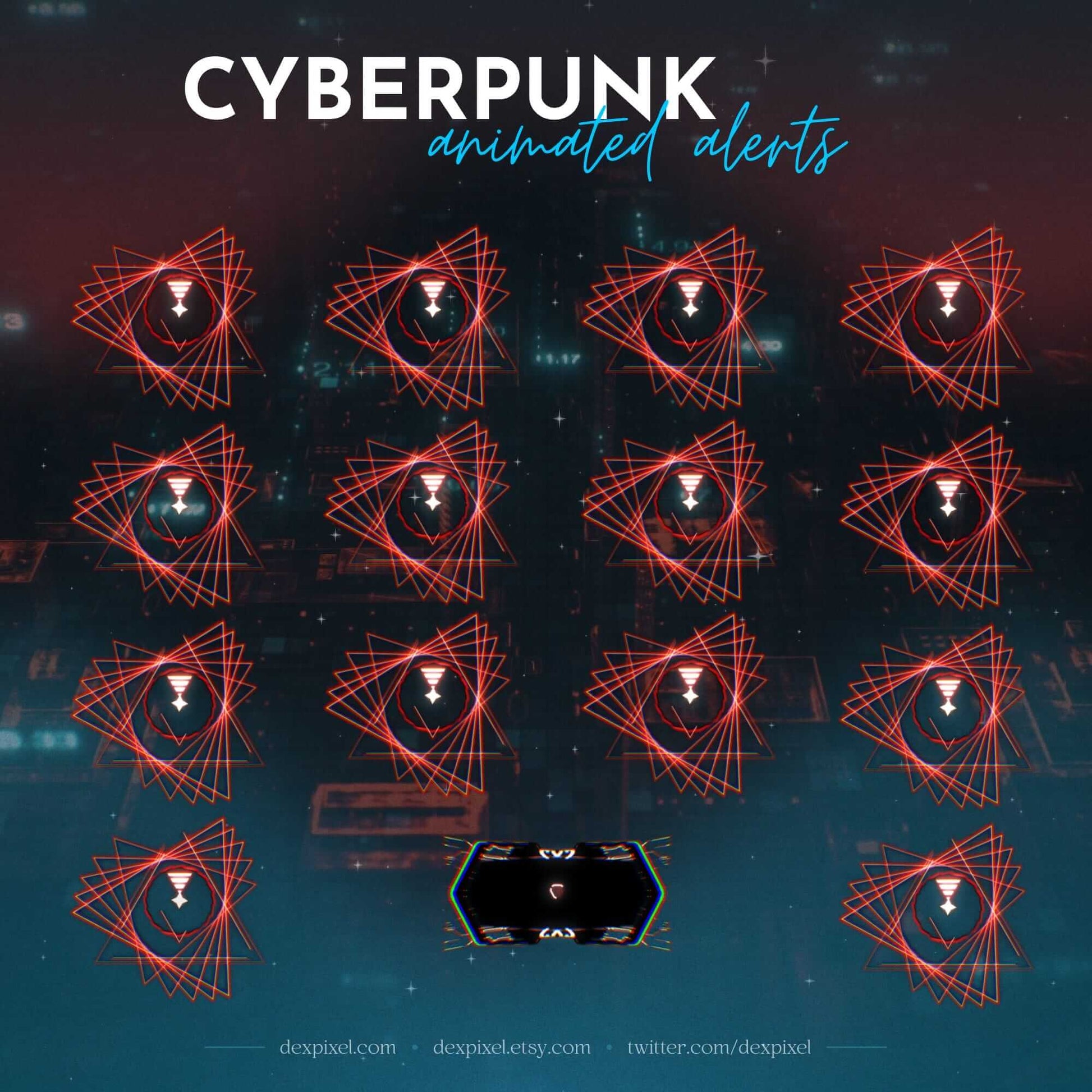 Cyberpunk blue animated alerts featuring glitchy neon designs for Twitch and YouTube streaming.