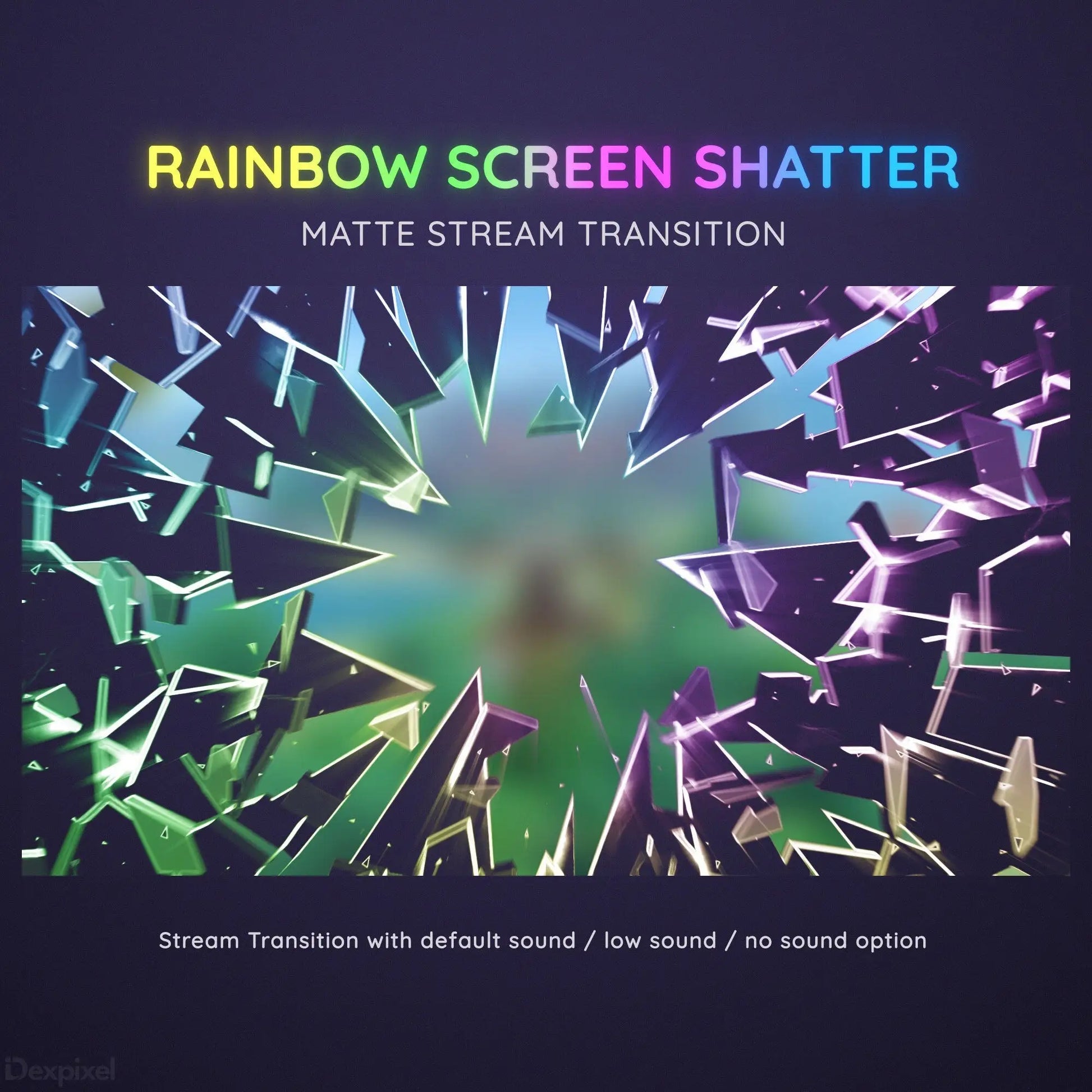 Rainbow-colored shattered glass effect with radiating fragments forming a transition animation.