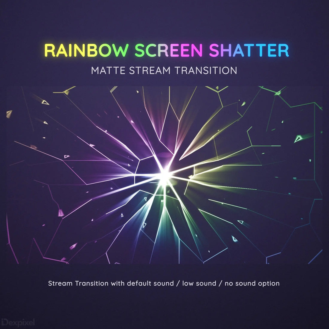 Rainbow-colored shattered glass effect transition overlay with gradient colors from green to purple.