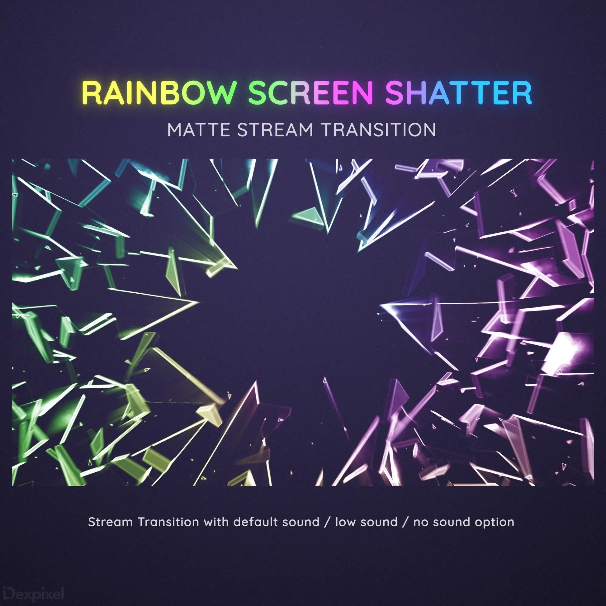 Rainbow-colored shattered glass effect transition overlay with gradient colors from green to purple.