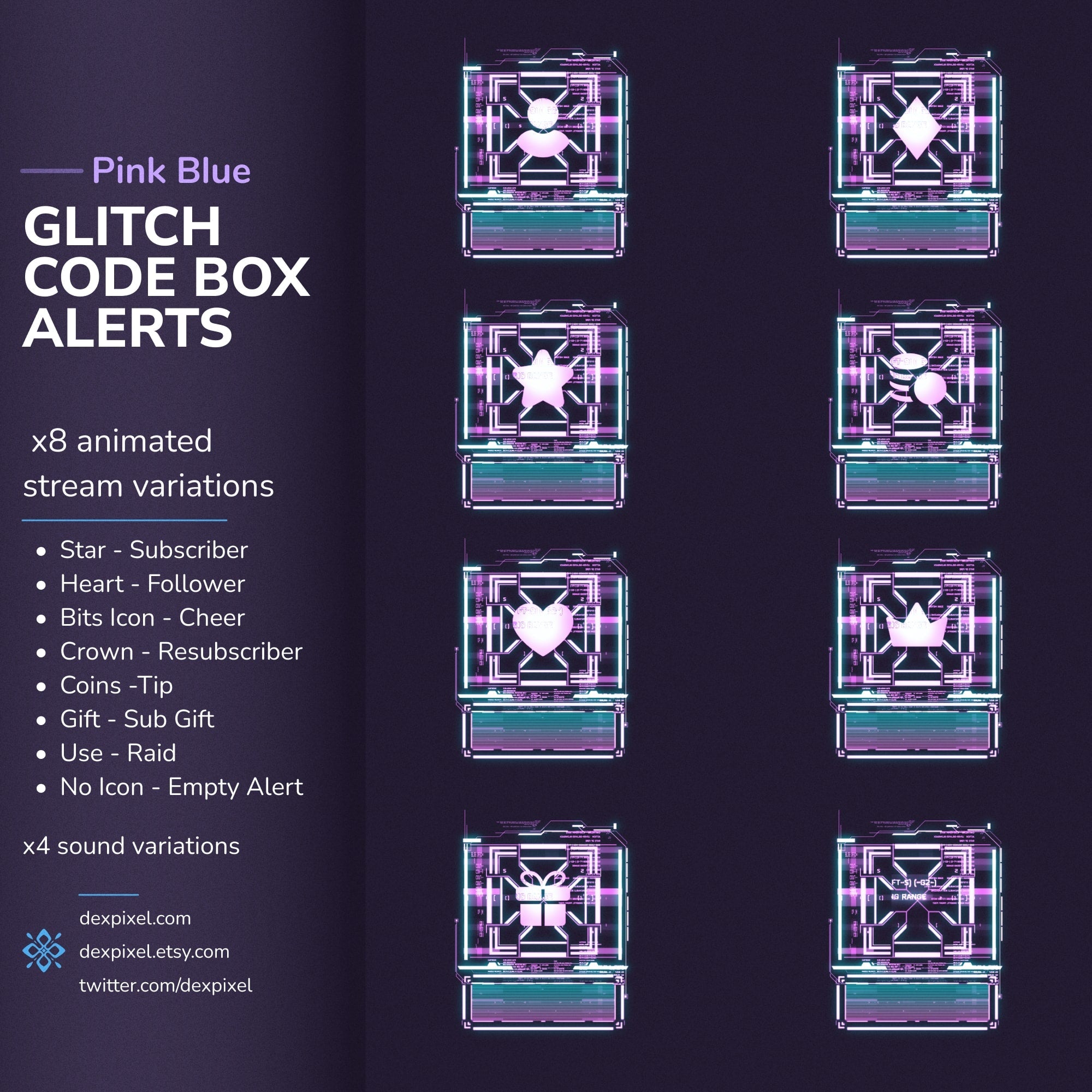 Pink and blue glitch code box alerts for streaming.