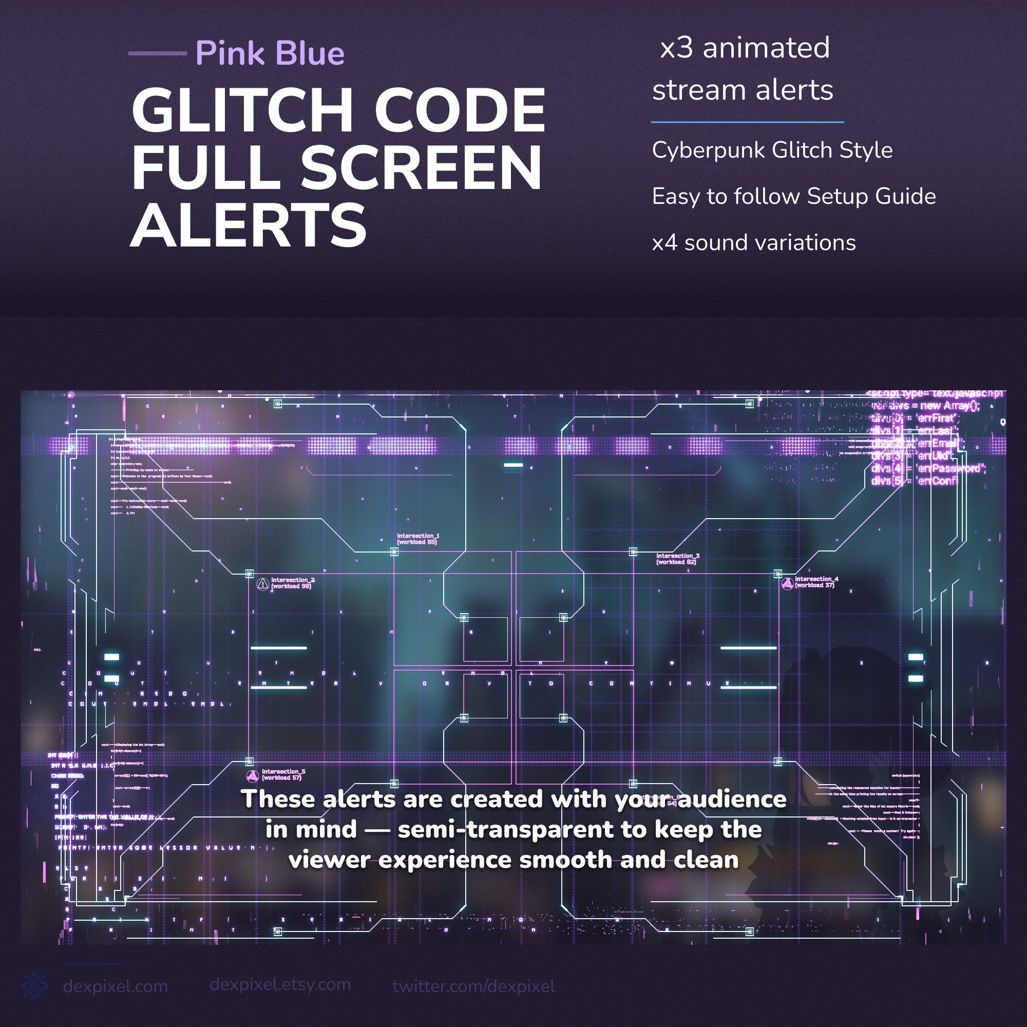 Cyberpunk glitch stream alerts.