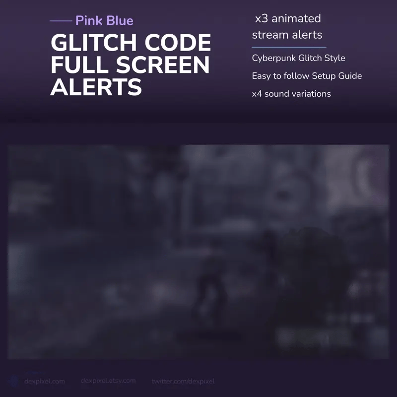 Animated stream alerts with cyberpunk glitch style.