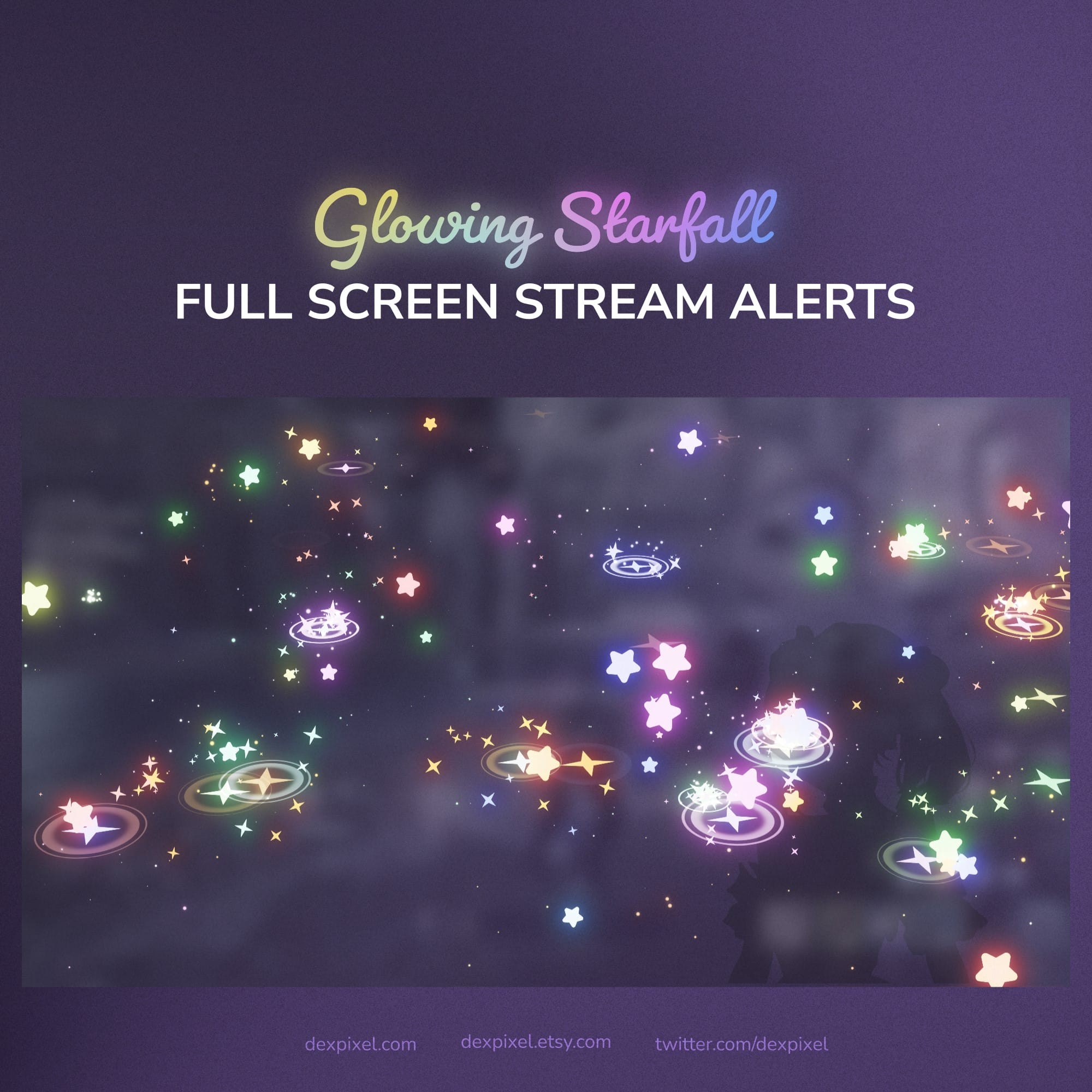 Glowing starfall effect with colorful stars on a dark background, labeled 'Glowing Starfall Full Screen Stream Alerts'.