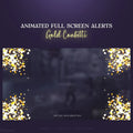 Animated full-screen alerts with gold confetti.