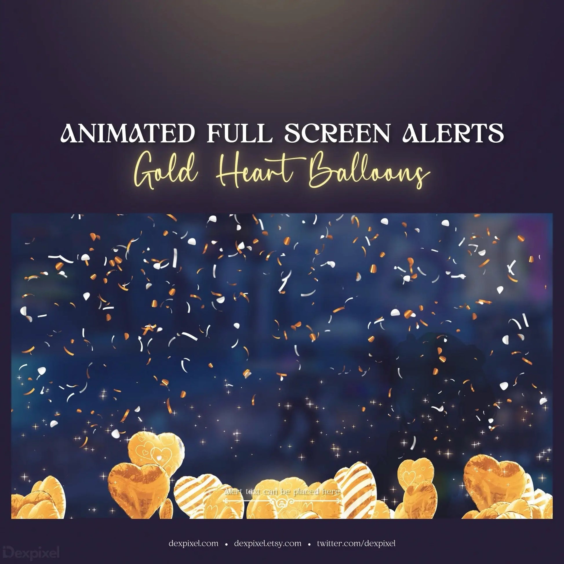 Animated gold heart balloons with confetti falling around them.