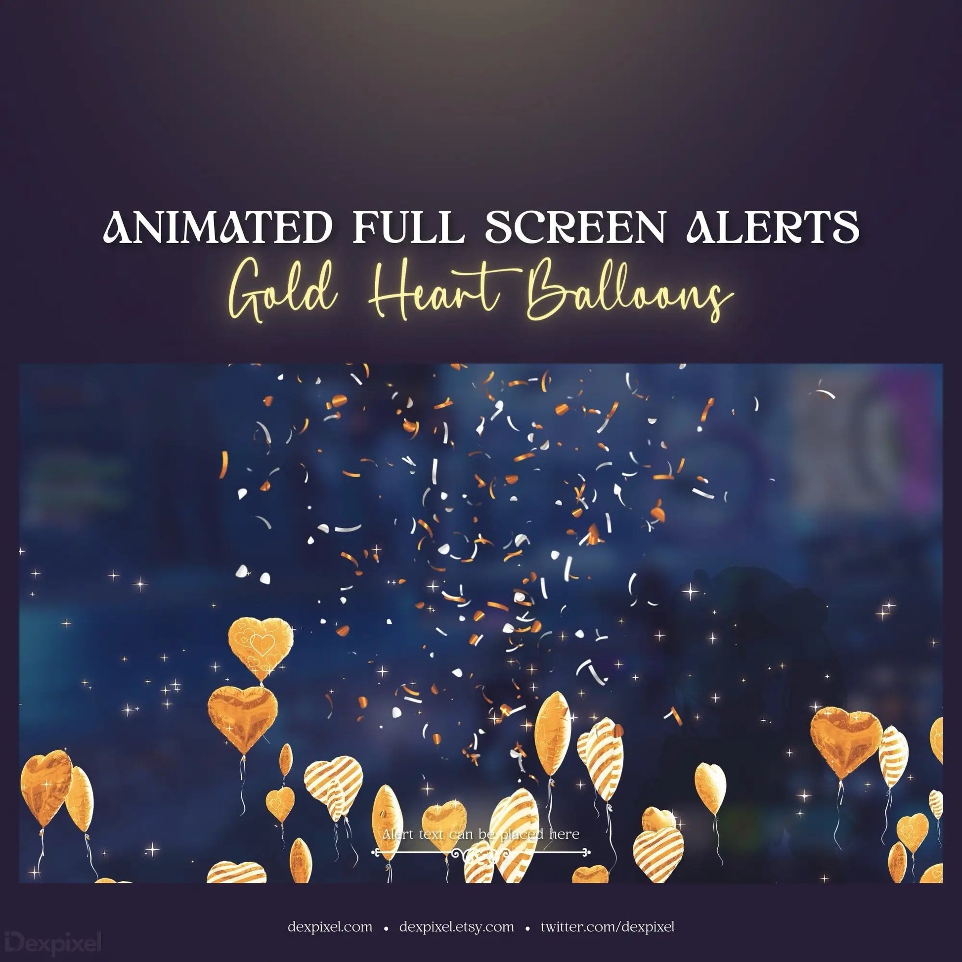 Animated gold heart-shaped balloons with confetti and sparkles.