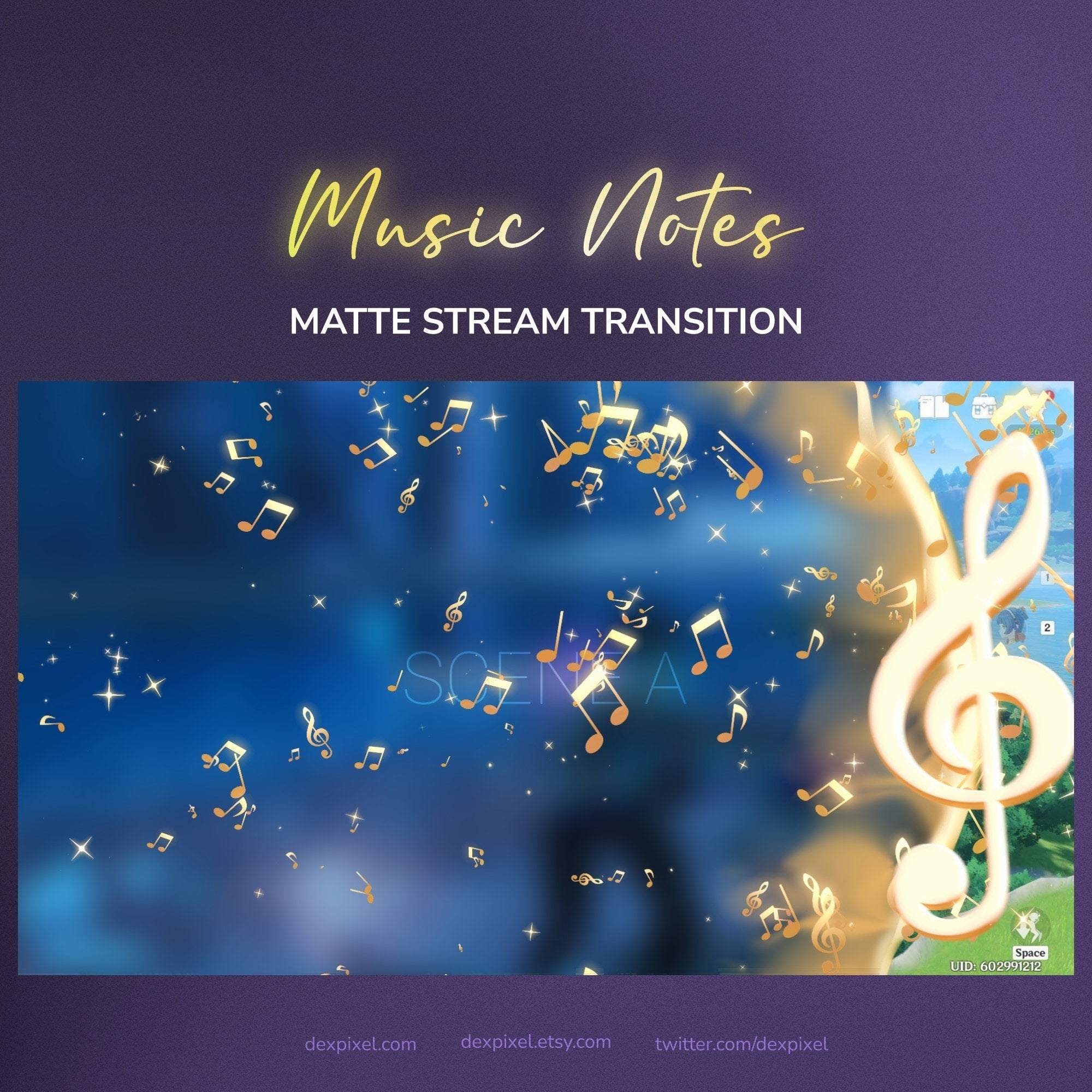Golden musical notes and a treble clef float against a deep blue, starry background.