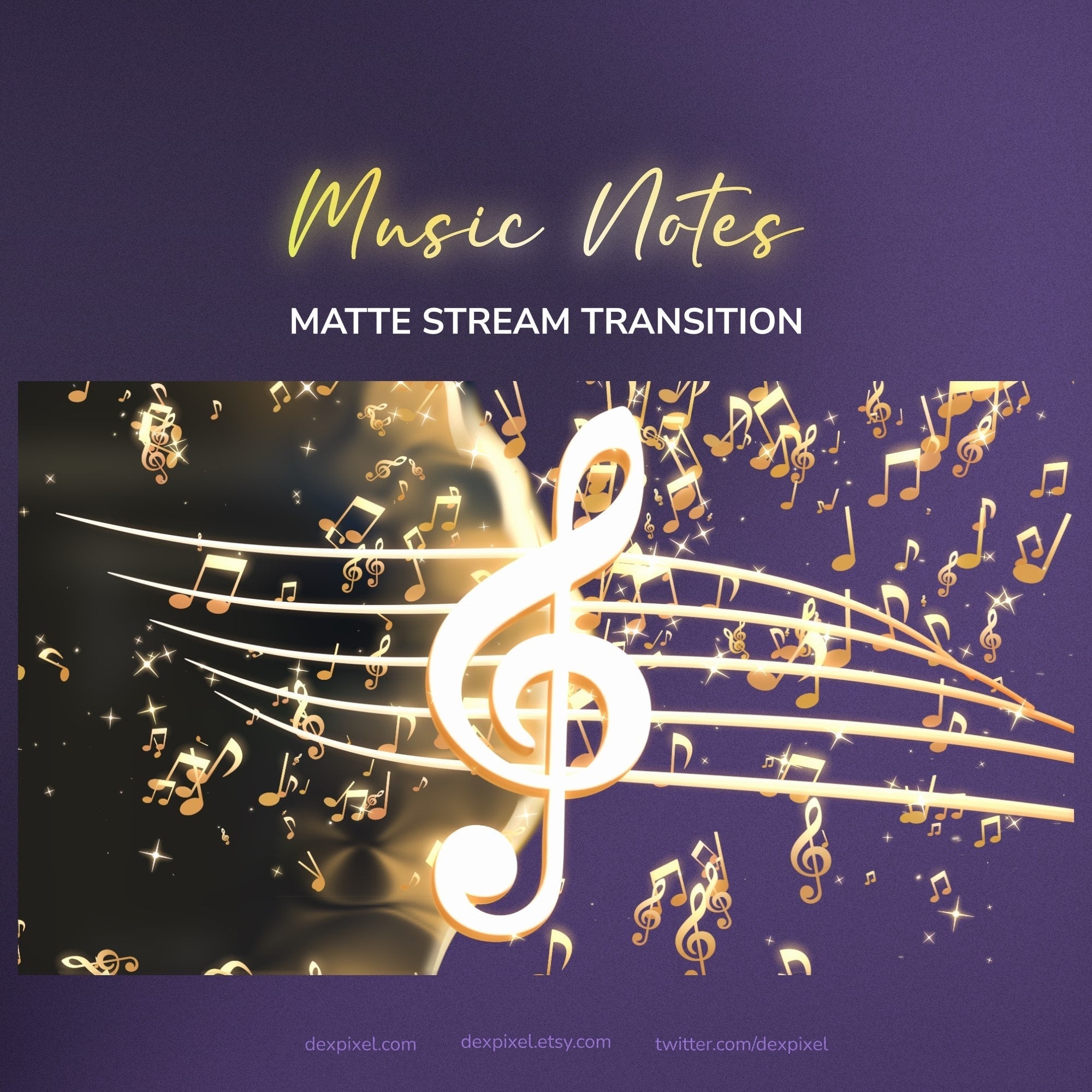 Golden treble clef symbol with shimmering musical notes and sparkling stars against a dark purple background.