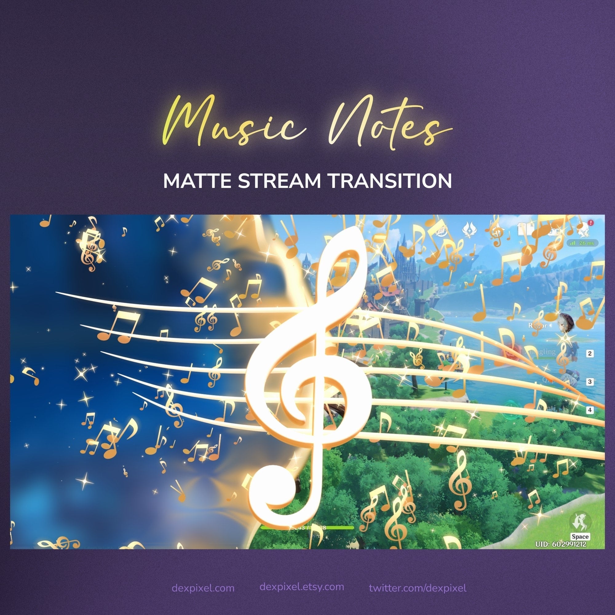 Golden treble clef graphic with glowing white lines and floating musical notes against a vibrant blue sky backdrop.
