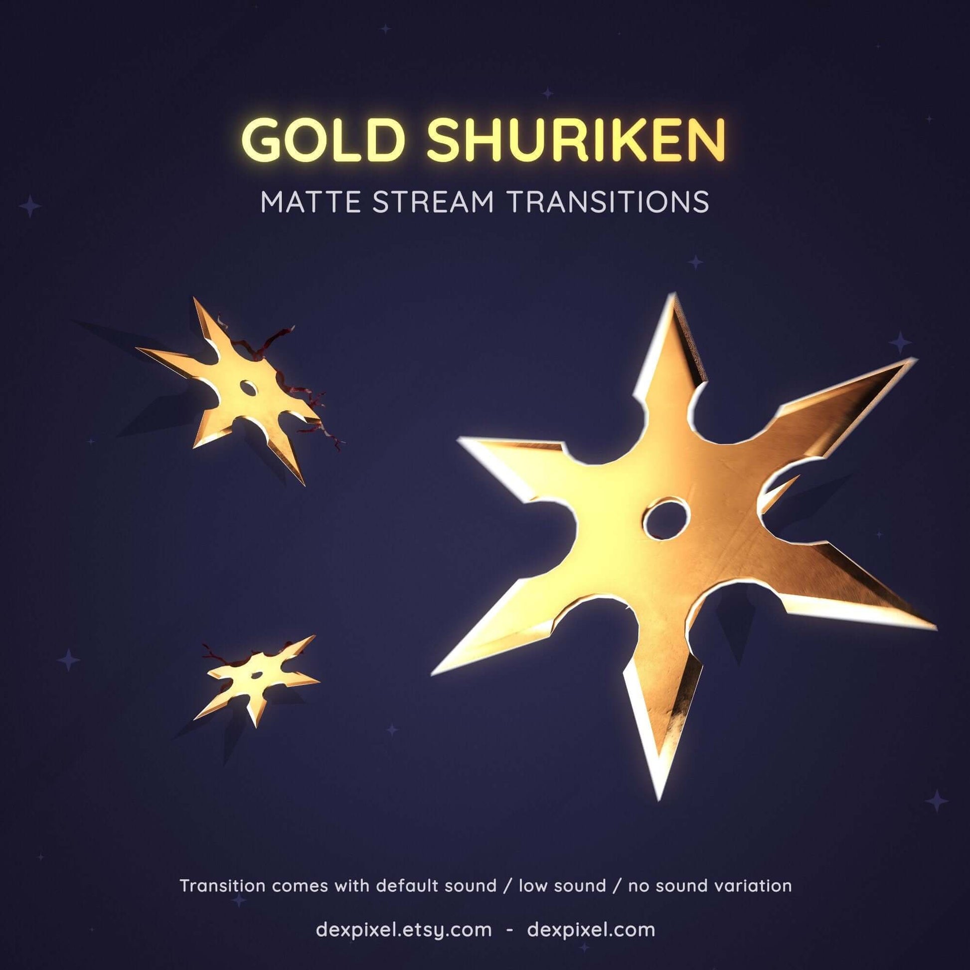 Gold Shuriken matte stream transitions featuring sleek ninja-style animations for Twitch and YouTube streamers.