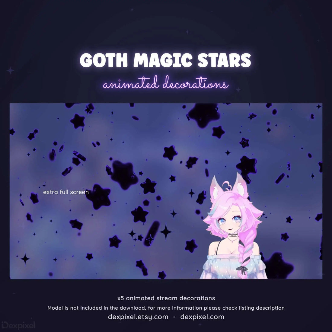 Animated pink-haired anime character with cat ears against a starry overlay design.